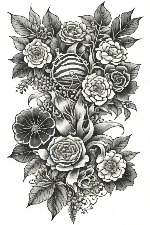 marine life and plants and flowers tattoo design idea