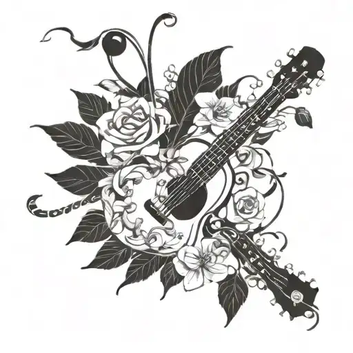 Incorporate a ukulele and saxophone intertwined with vines and flowers tattoo design idea
