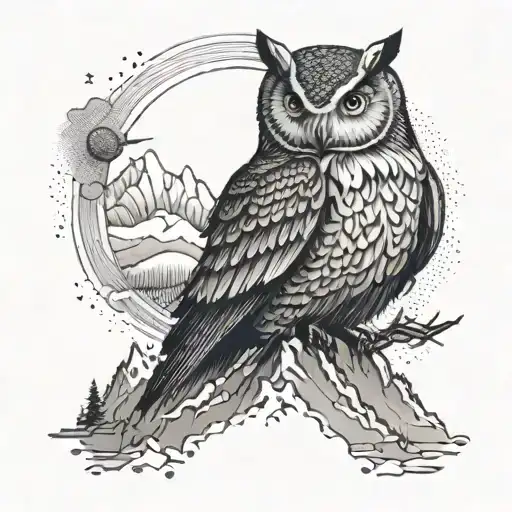 A majestic owl soaring over a mountain range tattoo design idea