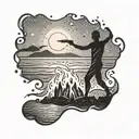 A beach bonfire with a dancing silhouette against the sunset tattoo design idea