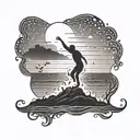 A beach bonfire with a dancing silhouette against the sunset tattoo design idea