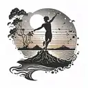 A beach bonfire with a dancing silhouette against the sunset tattoo design idea