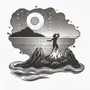 A beach bonfire with a dancing silhouette against the sunset tattoo design idea