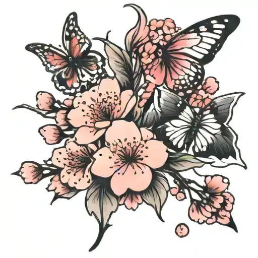 cherry blossom flowers with butterflies that have the self harm symbol tattoo design idea