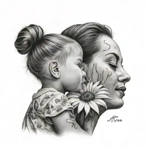 A black and grey tattoo of a mother painting a daisy on her child's cheek, capturing the essence of creativity and motherly love tattoo design idea