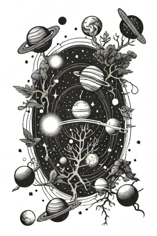 solar system and tree tattoo design idea