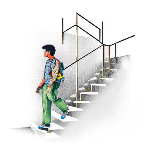 man walking up stairs with the world around him tattoo design idea