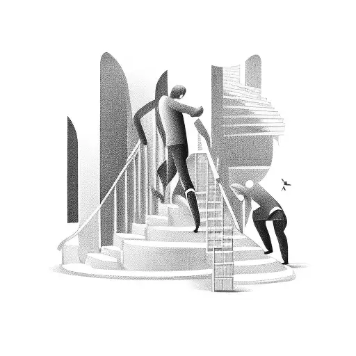 man walking up stairs with the world around him tattoo design idea