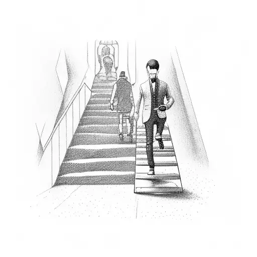 man walking up stairs with the world around him tattoo design idea