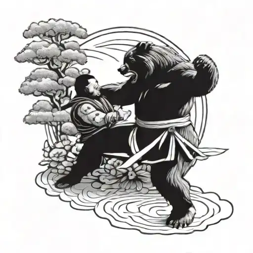 A wrestling samurai battling a bear in a traditional Japanese setting tattoo design idea