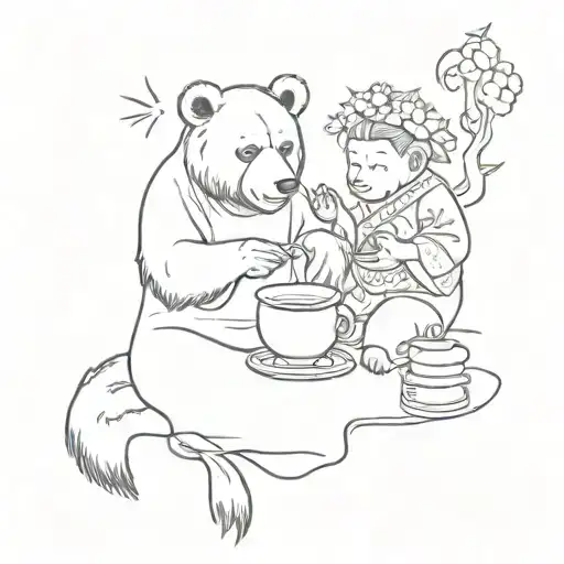 A sketch style tattoo of a bear and monkey performing a traditional Japanese tea ceremony tattoo design idea