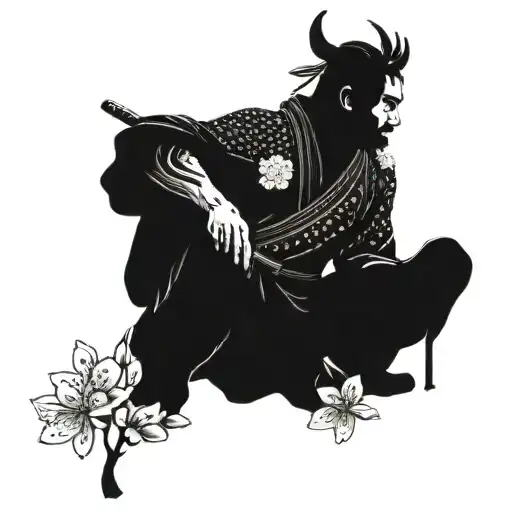 A dotwork tattoo of a samurai warrior meditating under a cherry blossom tree with Israeli landmarks in the background tattoo design idea