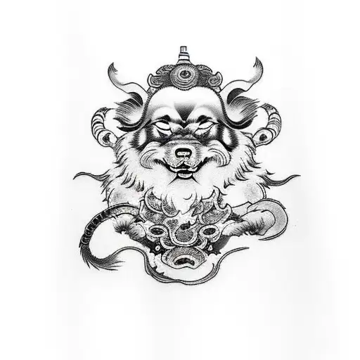 full oriental japanese leg sleeve of fu dog on calf and monkey king on outer thigh tattoo design idea