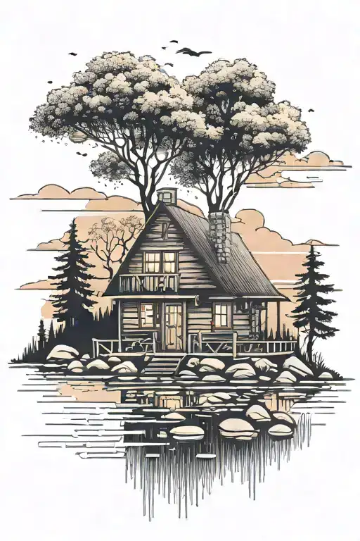 A cozy cabin by the river at sunset, symbolizing independence and freedom tattoo design idea