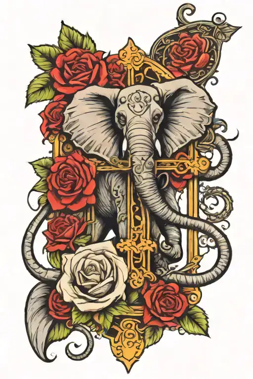 cross with roses coming out of it with 2-8-35 an 5-20-20 in roman numerals with an elephant next to it  tattoo design idea