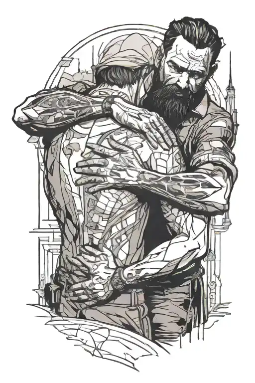 Disco Elysium video game Volition and Empathy hugging tattoo design idea