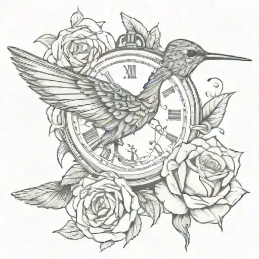 hummingbird with pocket watch and intertwined rose tattoo design idea