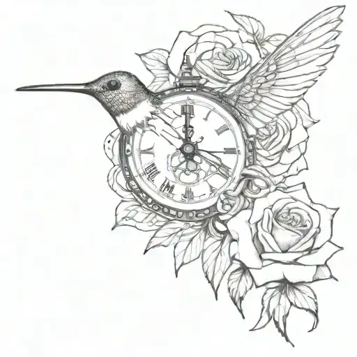 hummingbird with rose and pocket watch 8:08 PM Ezekiel 05/15/2024 tattoo design idea