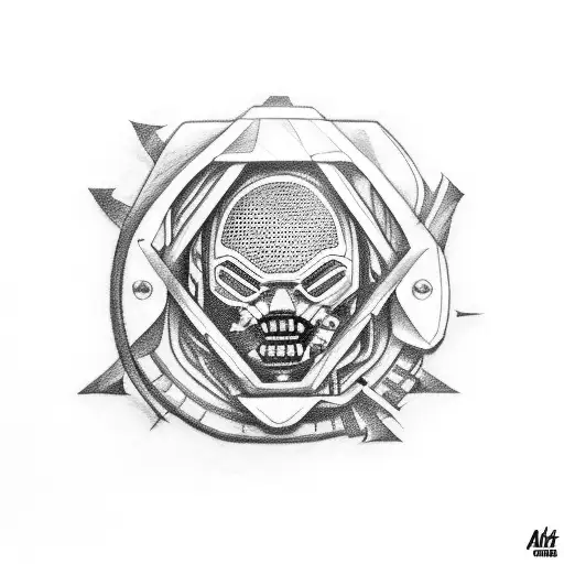 A motorcycle engine made of money and knives, with AC/DC lyrics incorporated tattoo design idea