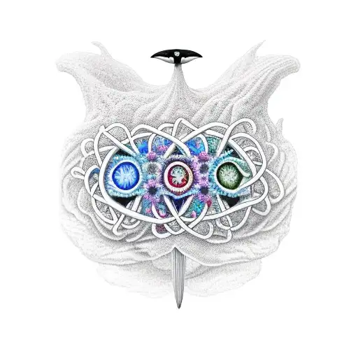 flower tendril in DNA structure. with an orca, an owl, a fairy and a brain. over the spine tattoo design idea