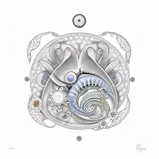 flower tendril in DNA structure. with an orca, an owl, a fairy and a brain. tattoo design idea