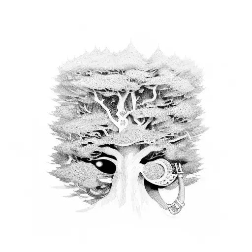 arbre, feuillage dense, fête, miyazaki, saxophone, yeux d'enfant tattoo design idea