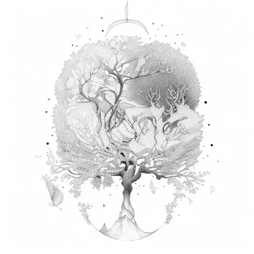 arbre, feuillage dense, gens qui font la fête au pied de l'arbre, saxophoniste, yeux d'enfant derrière le feuillage tattoo design idea
