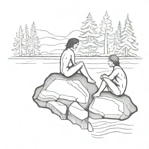 Two young Mavkas siting on a rock in water in a forest facing each other  tattoo design idea