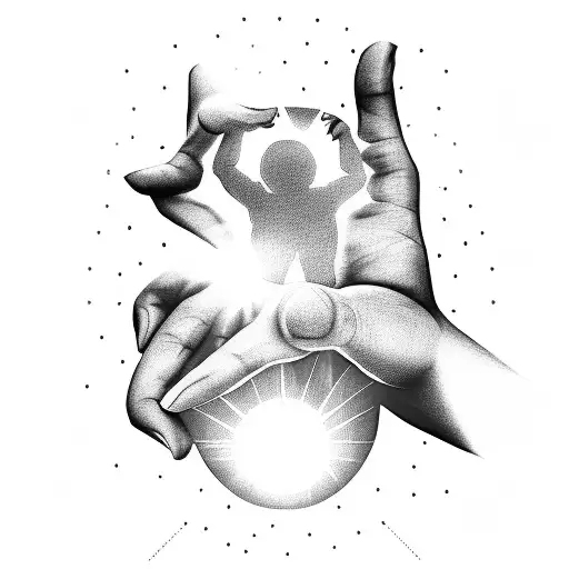 A silhouette of a person holding the world in their hands, with rays of sunlight emanating from it tattoo design idea