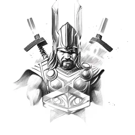 warrior in battle with a Thor like hammer tattoo design idea