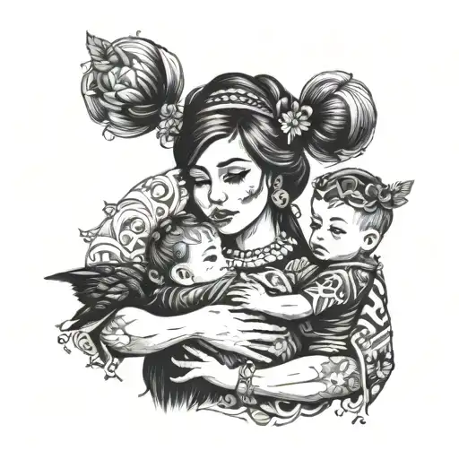 mamá agarrando de la mano a su hijo grande y su hija pequeña en negro  tattoo design idea