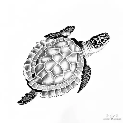 An intricate black and grey tattoo depicting a majestic sea turtle swimming through a field of colorful aquarium fish tattoo design idea