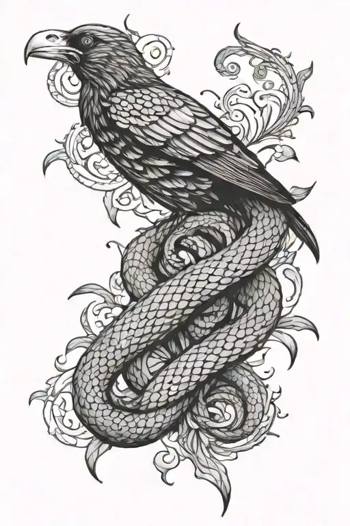 the snake coils around the crow tattoo design idea