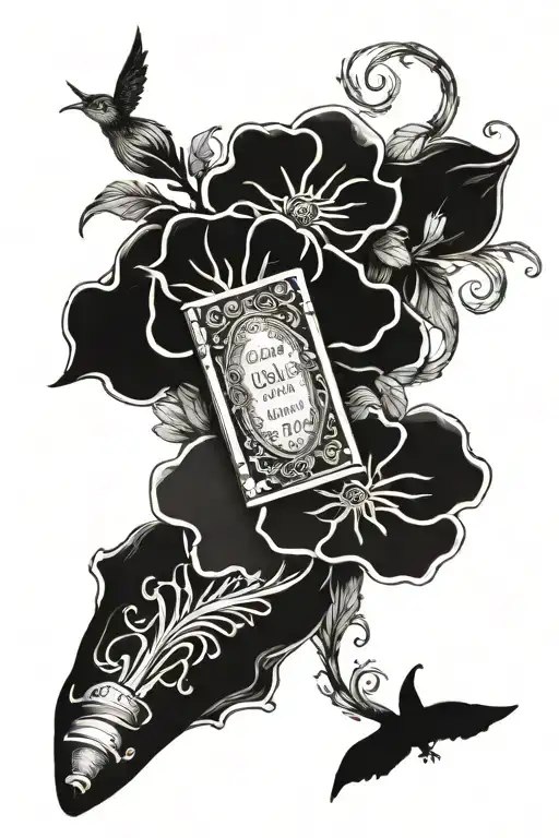 book lover tattoo with quotes, mythical creatures, and flower/flower vine fillers  tattoo design idea
