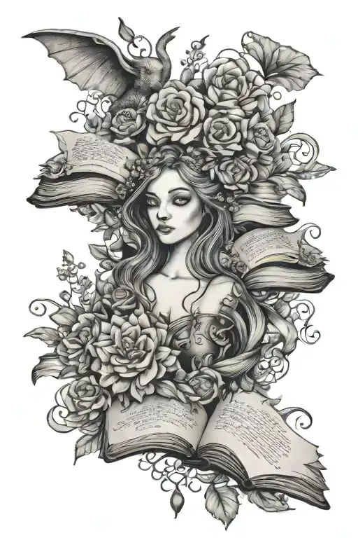 book lover tattoo with mythical creatures like fairies, mermaids, dragons, medusa, and book quotes. flowers as fillers tattoo design idea