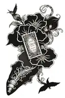 book lover tattoo with quotes, mythical creatures, and flower/flower vine fillers  tattoo design idea