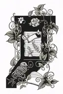 book lover tattoo with quotes, mythical creatures, and flower/flower vine fillers  tattoo design idea