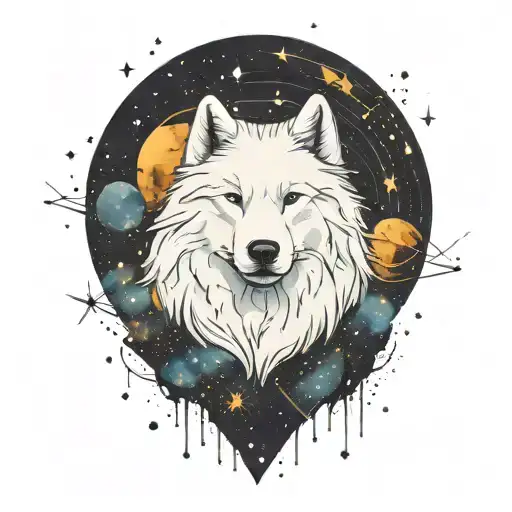 samoyed under the night sky filled with constellations tattoo design idea