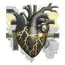 Realistic human heart with a black and gold circuit board inside. wires sticking out all over blood leaking out tattoo design idea