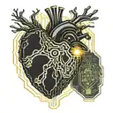 Realistic human heart with a black and gold circuit board inside. wires sticking out all over blood leaking out tattoo design idea