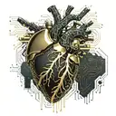 Realistic human heart with a black and gold circuit board inside. wires sticking out all over blood leaking out tattoo design idea