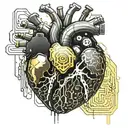 Realistic human heart with a black and gold circuit board inside. wires sticking out all over blood leaking out tattoo design idea