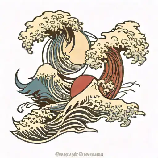 anime style yin yang symbol where one half is "the great wave" and the other half is a shark tattoo design idea