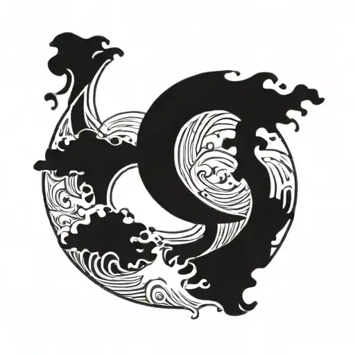 yin yang symbol where one half is "the great wave" tattoo design idea
