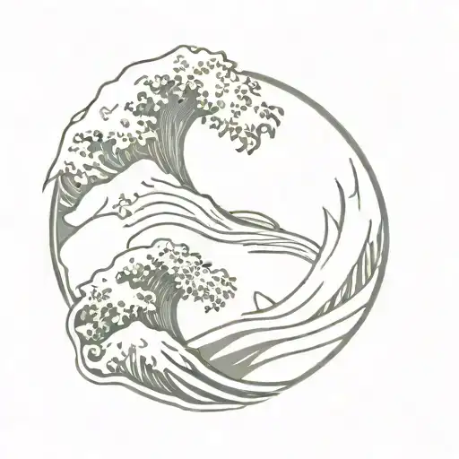anime style yin yang symbol where one half is "the great wave" and the other half is a shark tattoo design idea