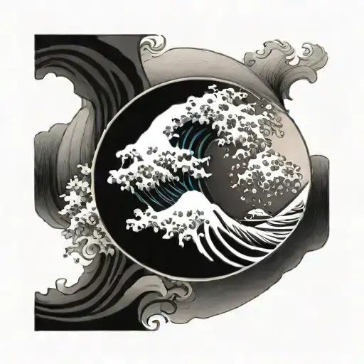 yin yang symbol where one half is "the great wave" tattoo design idea