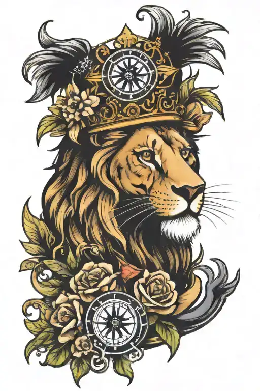 Lion with compass crown and snake with flowers tattoo design idea