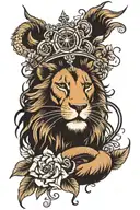 Lion with compass crown and snake with flowers tattoo design idea