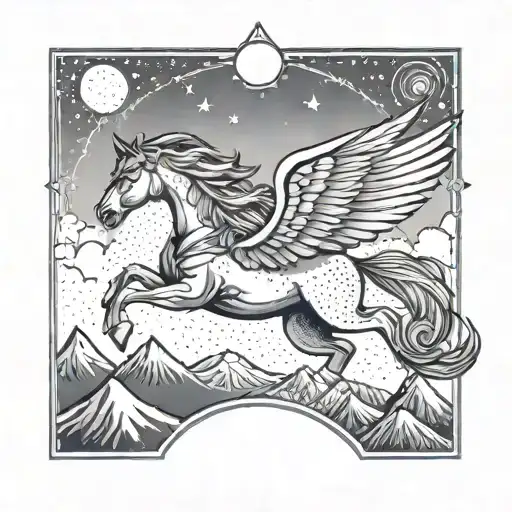 Flying Pegasus, Art Deco, Jugendstil, mountains, moon  tattoo design idea