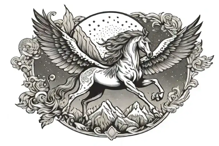Flying Pegasus, Art Deco, Jugendstil, mountains, moon  tattoo design idea